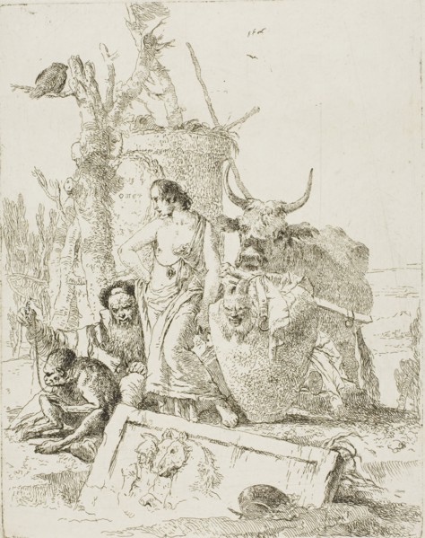 Young Shepherds and Old Man with a Monkey, from Scherzi, 1735–40, Giambattista Tiepolo, Italian,