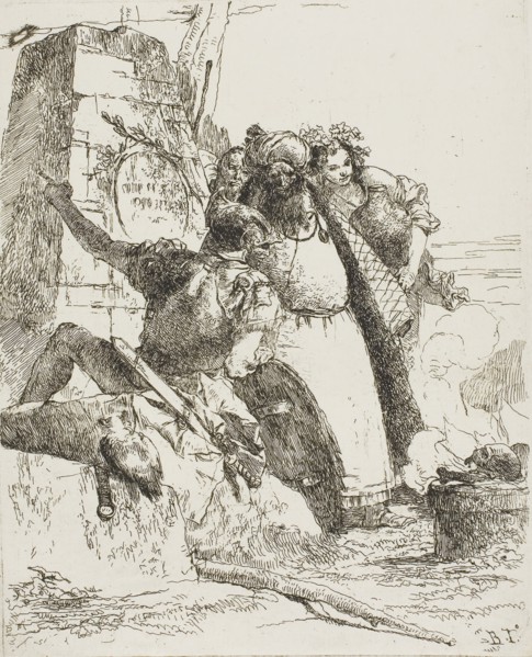 A Magician, A Soldier, and Three Figures Watching a Burning Skull, from Scherzi, 1735–40,