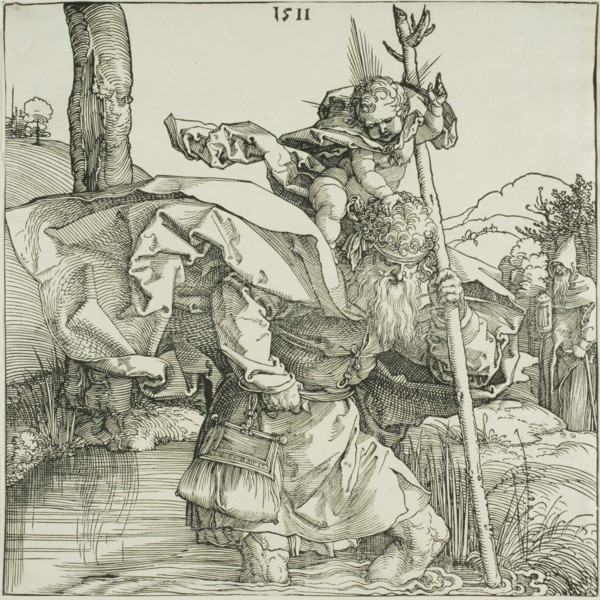 Saint Christopher, 1511, Albrecht Dürer, German, 1471-1528, Germany, Woodcut in black on ivory laid