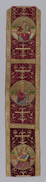 Orphrey Band, 17th century, Italy, Hemp and linen plain weave, appliquéd with silk, broken warp