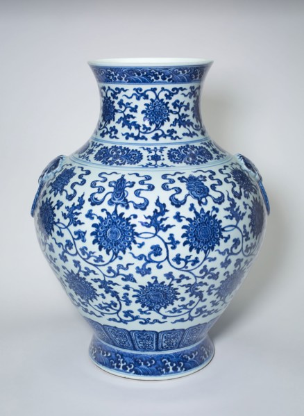 Vase with Loop Handles, Peony Scrolls, Eight Buddhist Emblems, and Waves, Qing dynasty (1644–1911),