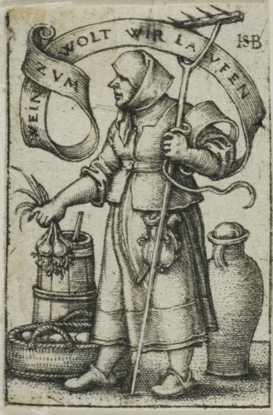 The Market-Woman, c. 1542, Sebald Beham, German, 1500-1550, Germany, Engraving in black on ivory
