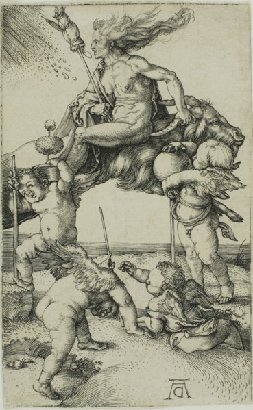 Witch Riding Backwards on a Goat, 1500/02, Albrecht Dürer, German, 1471-1528, Germany, Engraving in