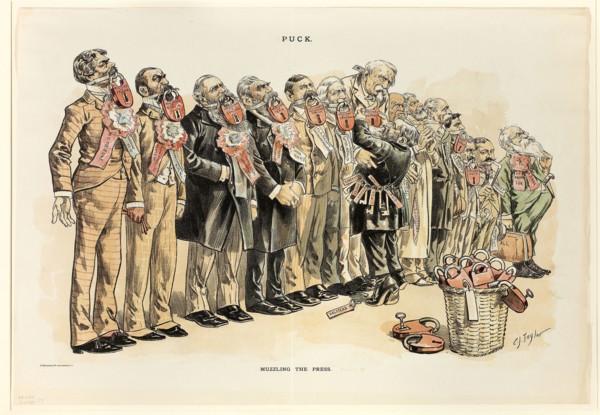 Muzzling the Press, from Puck, published May, 1889, Taylor, C. Jay (American, 1855-1929), Ottmann,