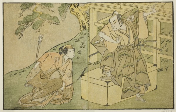 The Actors Onoe Matsusuke I as Akaboshi Taro (right), and Azuma Tozo II as Shirotae (left), in the