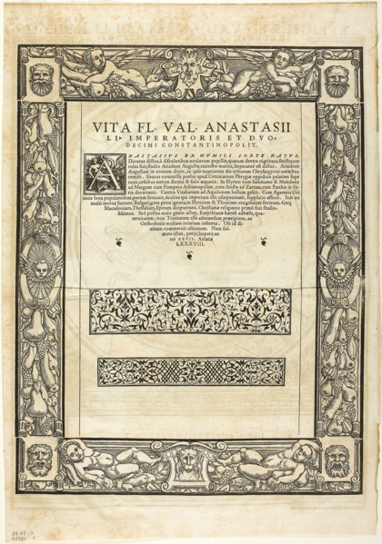 Decorative Border (recto) and Portrait of Emporer Anastasius (verso), plate nine from Woodcuts from
