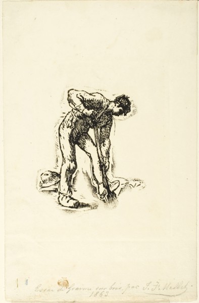 Peasant Digging, 1863, Jean François Millet, French, 1814-1875, France, Woodcut from a partially