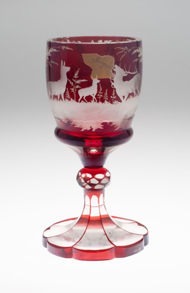 Large Wine Glass, c. 1850/70, Bohemia, Czech Republic, Bohemia, Glass, blown, cut, stained red and