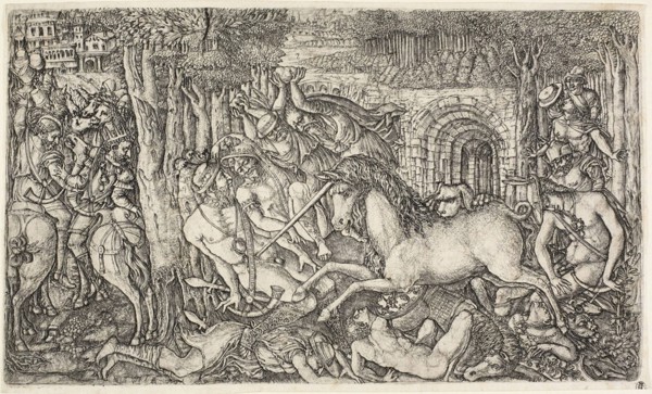 A King Pursued by the Unicorn, 1540/50, Jean Duvet, French, 1485-1570, France, Engraving on paper,