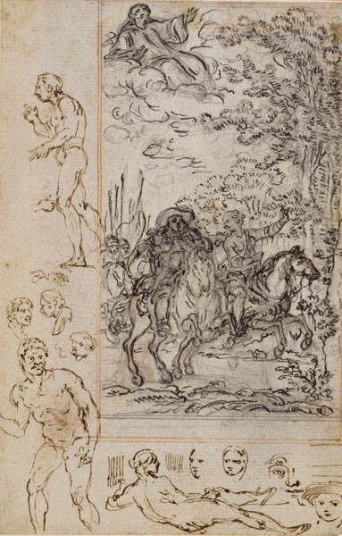 Study for Vignette in Voltaire’s La Pucelle d’Orleans, with Sketches of Heads and Nude Figures, c.