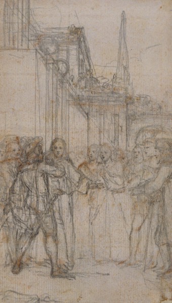 Literary Illustration: Man with Sword Confronting Group of Figures Before Building, n.d., Hubert