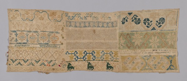 Sampler, 1803, Mexico, México, linen, tabby weave, embroidered in silk, 37.2 x 99.1 cm (14 5/8 x 39