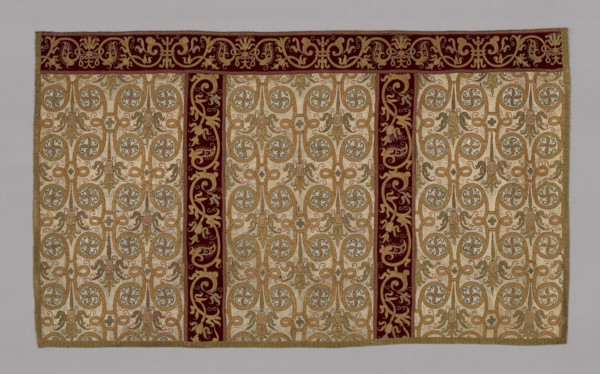 Altar piece (part of a chasuble), 17th century, Spain, White satin embroidered with couched rose,
