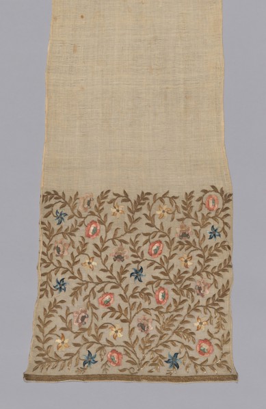 Sash, 1720–1800, Turkey, Turkey, Cotton, plain weave, embroidered with silk and metal-strip-wrapped