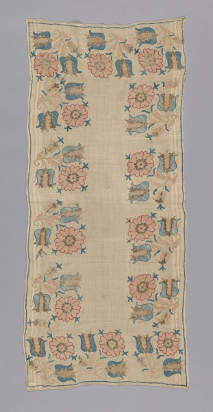 Cover (Possibly for a Tray), 18th century, Turkey, Turkey, embroidered in repeated tulips., 119 x
