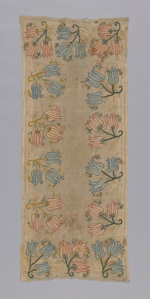 Tray Cloth or Cover, 18th century, Turkey, Turkey, embroidered in repeated tulips., 118.5 x 49.5 cm