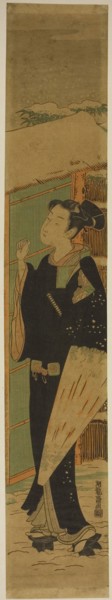 Young Man with Umbrella Knocking on Gate in Snow, c. 1774, Isoda Koryusai, Japanese, 1735-1790,