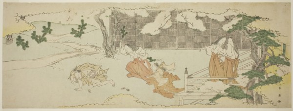 Court Ladies on a Balcony Watching a Woman and a Girl Chasing a Man in the Yard under Blossoming