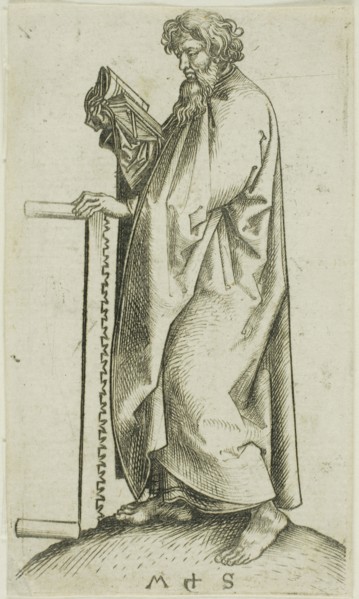 St. Simon, from Apostles, n.d., Martin Schongauer, German, c. 1450-1491, Germany, Engraving on
