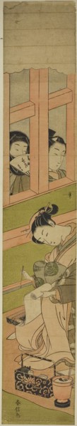 Courtesan Writing a Letter as Two Men Watch through a Window Lattice, c. 1769/70, Suzuki Harunobu
