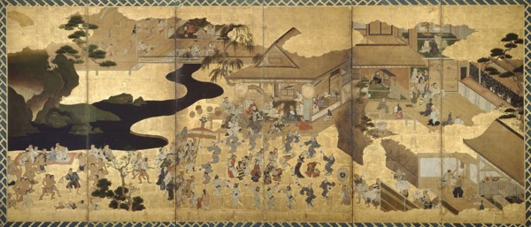 Genre Scenes (Fuzoku byobu), About 1640, Japanese, Japan, Six-fold screen, ink, color, gold and
