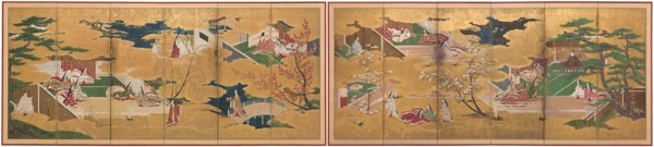 The Tale of Genji, early 17th century, Japanese, Japan, Pair of six-panel screens, ink, colors, and