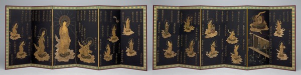 Rebirth of the Nun Anyo, early 18th century, Japanese, Japan, Pair six-panel screens, ink, colors,