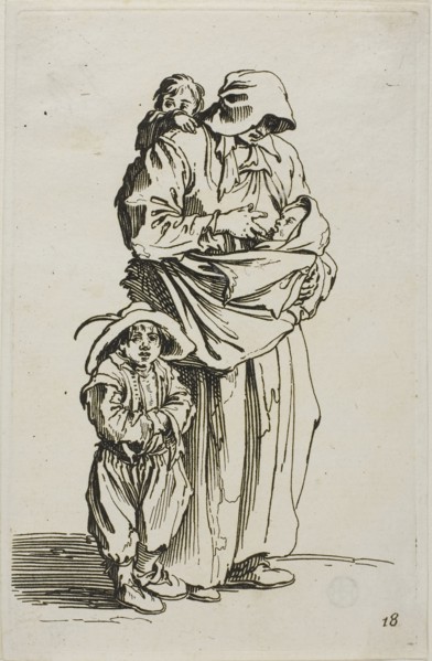 A Mother with her Three Children, plate 18 from The Beggars, c. 1622, Jacques Callot, French,