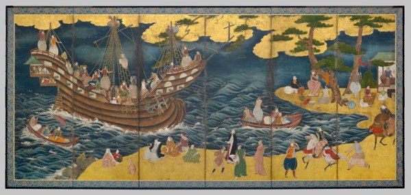 Southern Barbarians, mid 17th century, Japanese, Japan, Pair of six-panel screens, ink, colors, and