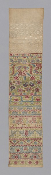 Sampler, 1651, England, Linen, plain weave, embroidered with silk and linen, 19.7 × 85.1 cm (7 3/4