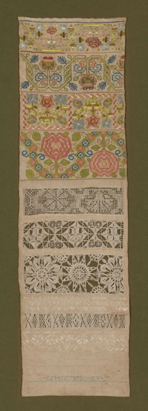 Sampler, 1676, Katherine Veren (English, active c. 1676), England, Linen, plain weave, bands of cut