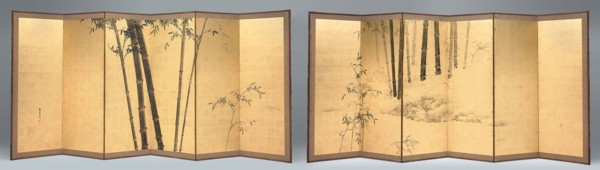 Bamboo, early 19th century, Kishi Ganku, Japanese, 1749-1838, Japan, Pair of six-panel screens, ink