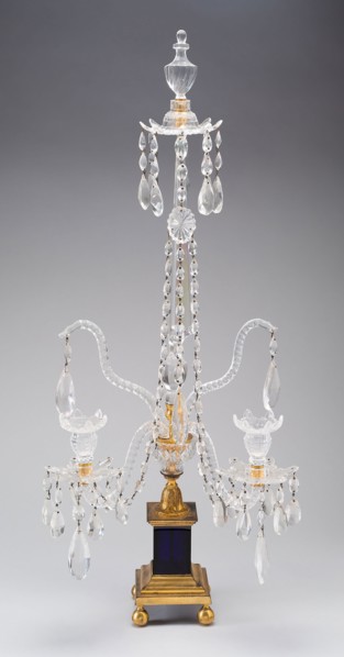 Candelabra, 1780/1800, England, Glass, colorless and dark blue, blown and cut, gilded bronze, H. 85