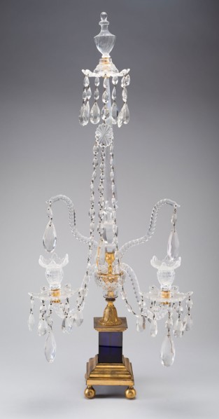 Candelabra, 1780/1800, England, Glass, colorless and dark blue, blown and cut, gilded bronze, H. 85