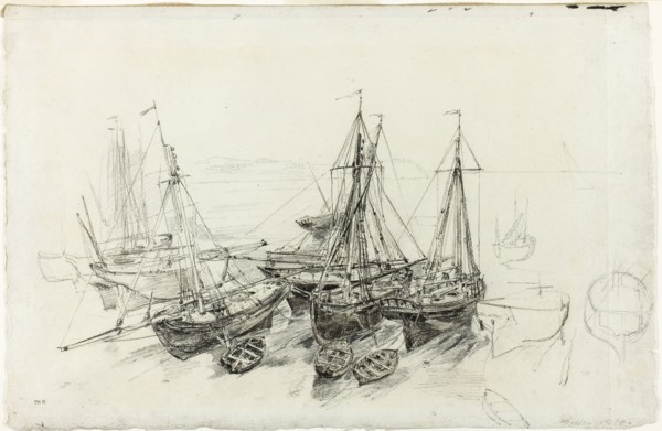 Fishing Boats at Granville, c. 1851–52, Théodore Rousseau, French, 1812-1867, France, Black crayon