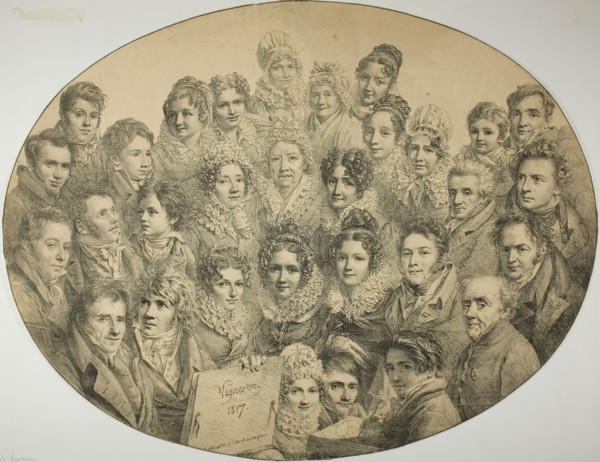 Portraits of 31 people in an Oval, 1817, Pierre Roch Vigneron (French, 1789-1872), printed by Comte