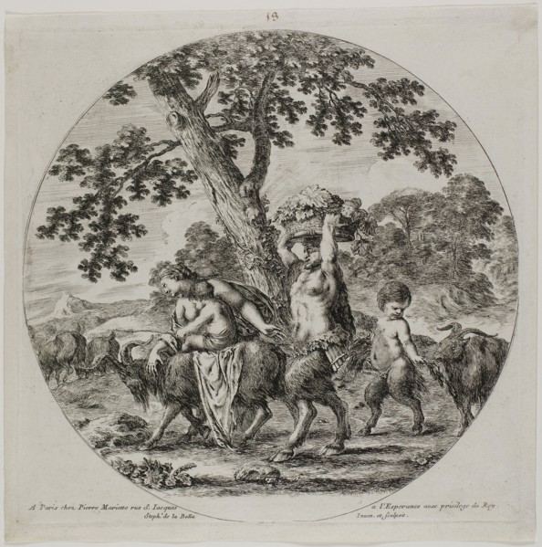Satyr Family Walking, c. 1657, Stefano della Bella, Italian, 1610-1664, Italy, Etching on ivory