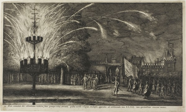 Fireworks at Hemissem, c. 1650, Wenceslaus Hollar, Czech, 1607-1677, Bohemia, Etching on ivory laid