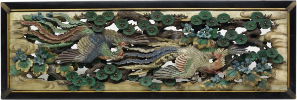 Two carved wooden transoms (ramma) panels from the Hooden, 1893, Takamura Koun, Japanese,