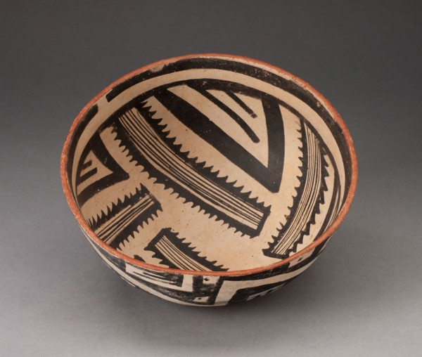 Bowl with Radiating Striped Bands and Triangles and Interlocking Zigzag on Exterior, A.D.