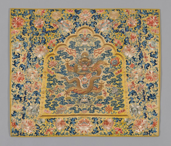 Panel (Furnishing Fabric), Qing dynasty(1644–1911), 1860/80, China, Golden yellow silk embroidered