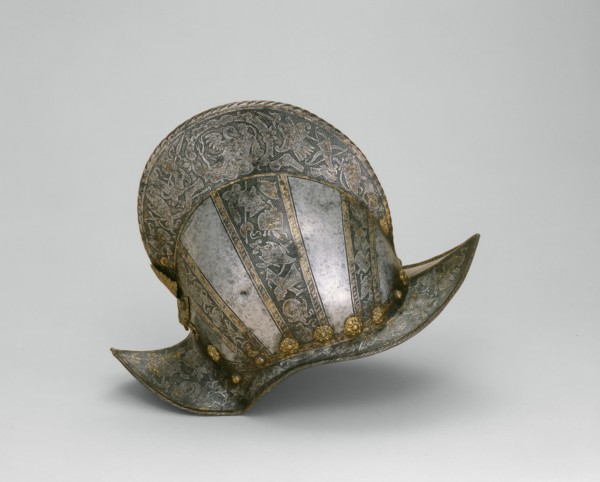 Morion-Burgonet, 1585, Southern German, probably Augsburg, Augsburg, Steel, gilding, and brass, H.