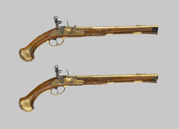 Pair of Flintlock Holster Pistols, c. 1700/25, Austrian, Vienna, Vienna, steel, brass, gilding,