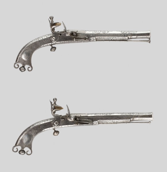 Pair of Flintlock Pistols, 1750/75, Scottish, Doune, Scotland, Steel and silver, L. 30.5 cm (12 in