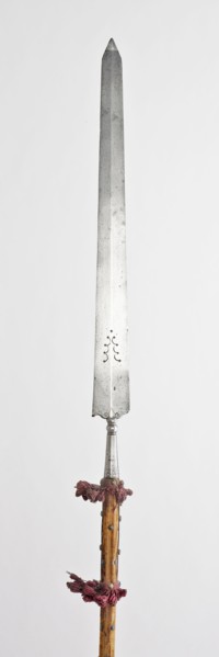 Partisan, late 16th century, Northern Italian, Northern Italy, Steel, wood, brass, velvet weave,