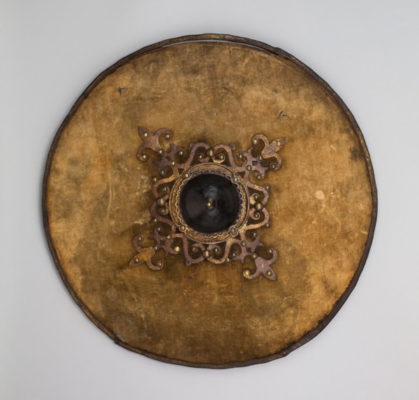 Buckler, 1630/50, Italian or Spanish, Italy, Wood, iron, brass, gilding, silk velvet, and silk
