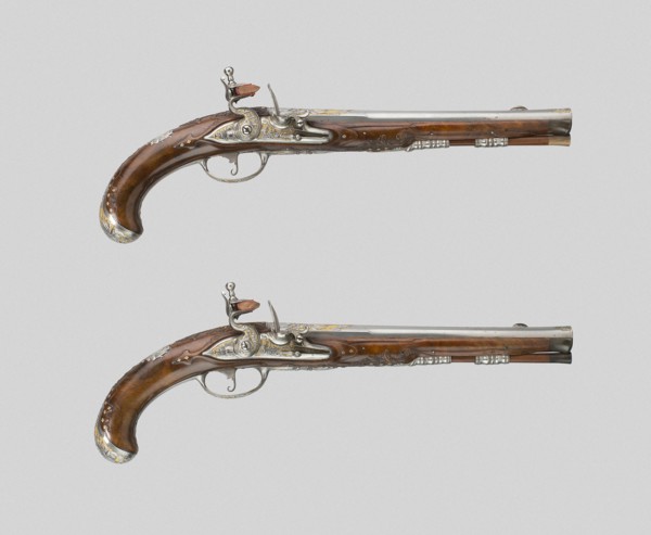 Pair of Flintlock Pistols, c. 1720, German, Suhl, Thuringia, Suhl, Steel, gilding, gold, and