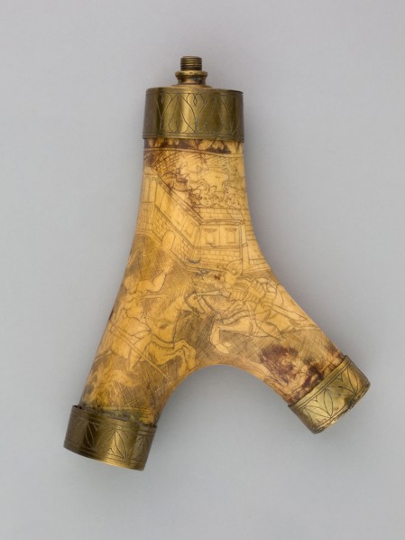 Powder Horn, 1560, German, Germany, Staghorn, brass, L. 27.9 cm (11 in.)
