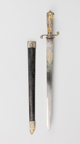 Hunting Hanger with Scabbard, 1740/60, French, France, Steel, gilding, wood and leather, Overall L.