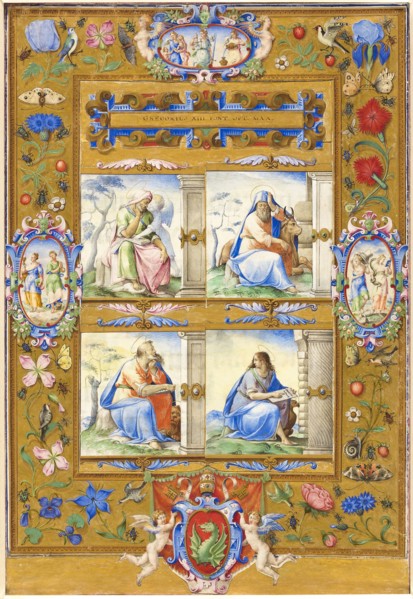 The Four Evangelists, within a Border of Flowers, Birds, and Insects, 1572, Circle of Giulio